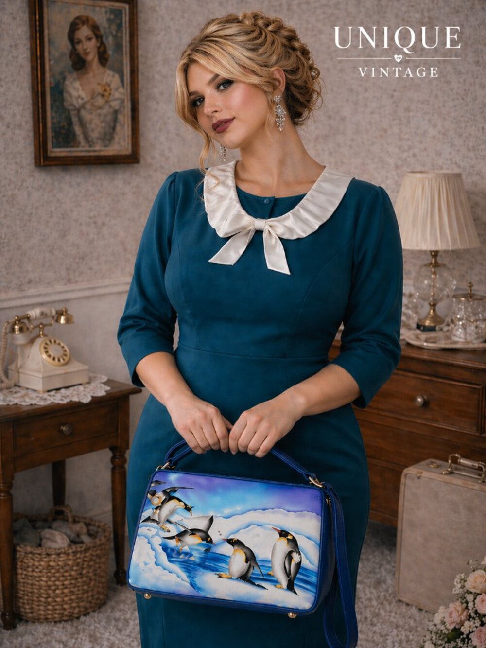 Unique Vintage Teal Wiggle Dress XL 14 Peter Pan Collar Bow Retro Pinup Sheath